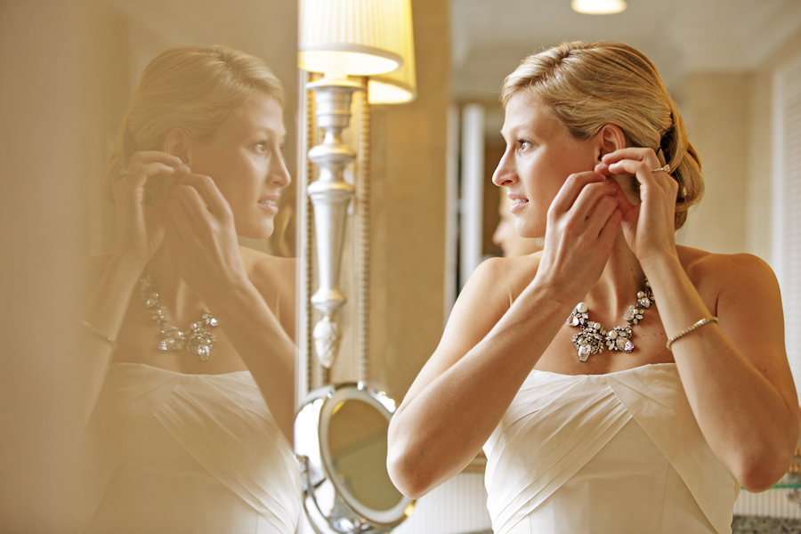 bride getting ready prior to wedding at crystal tea room in philadlephia